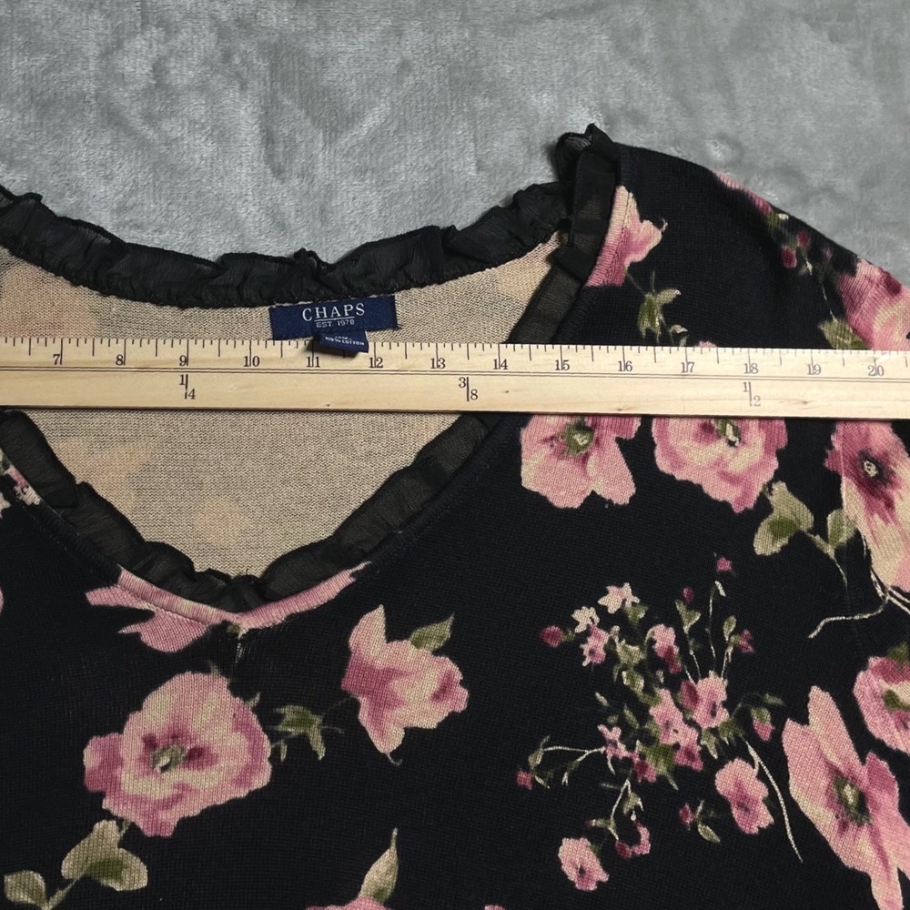 Chaps Womens 3X Black Pink Floral V-Neck Sweater Mesh Ruffle Trim 3/4 Sleeve - Picture 8 of 12